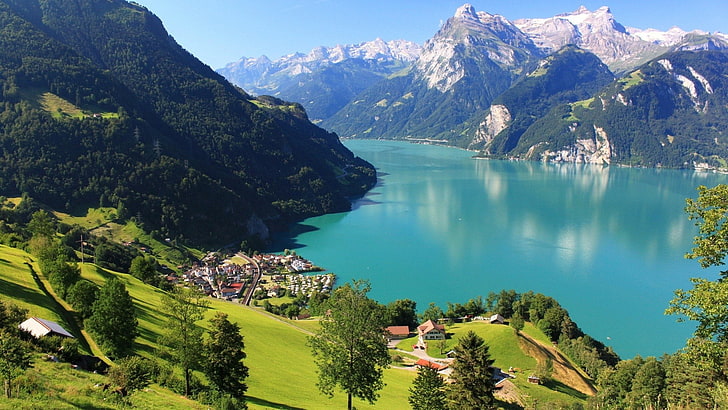 domy nad jeziorem między górami, krajobraz, jezioro czternaste, jezioro, góry, przyroda, Szwajcaria, Tapety HD