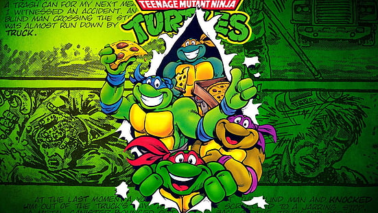 pizza, Donatello, Miguel Ángel, tortugas, TMNT, cómic, Leonardo, tortugas ninjas mutantes adolescentes, Rafael, Fondo de pantalla HD HD wallpaper