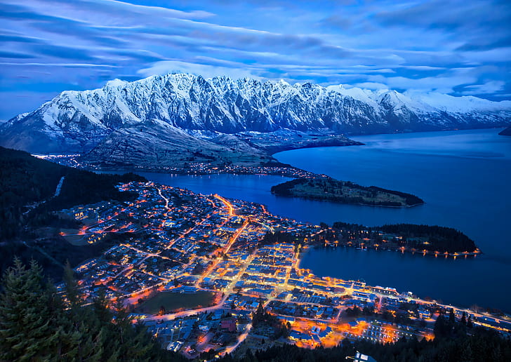 aerial view of lighted cityscape near body of water and mountains\, queenstown, queenstown, Queenstown, aerial view, cityscape, body of water, New Zealand, com, Tutorial, HDR Photography, Sony, Mountain  Lake, Lake  City, Night  Lights, mountain, lake, nature, landscape, scenics, water, snow, HD wallpaper
