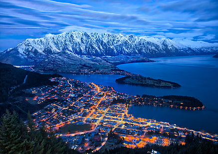 aerial view of lighted cityscape near body of water and mountains\, queenstown, queenstown, Queenstown, aerial view, cityscape, body of water, New Zealand, com, Tutorial, HDR Photography, Sony, Mountain  Lake, Lake  City, Night  Lights, mountain, lake, nature, landscape, scenics, water, snow, HD wallpaper HD wallpaper