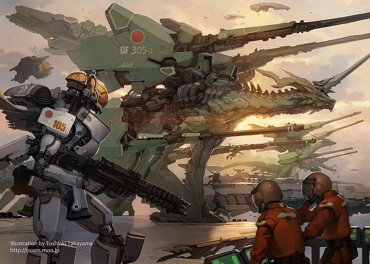 green and gray robot illustration, futuristic, people, military, weapon, dragon, mech, HD wallpaper