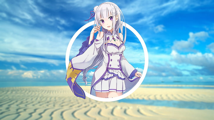 Emiria (Re:Zero), anime girls, picture-in-picture, anime, Re:Zero Kara Hajimeru Isekai Seikatsu, white skin, blurred, beach, white hair, HD wallpaper