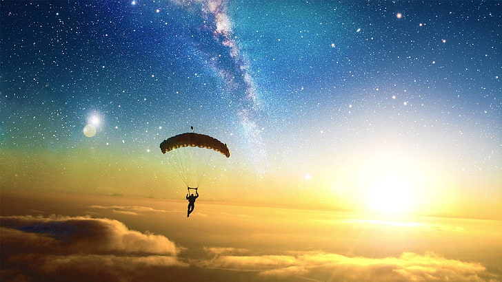 gray parachute, digital art, skydiving, Sun, stars, clouds, Liquicity, parachutes, sky, sunlight, HD wallpaper