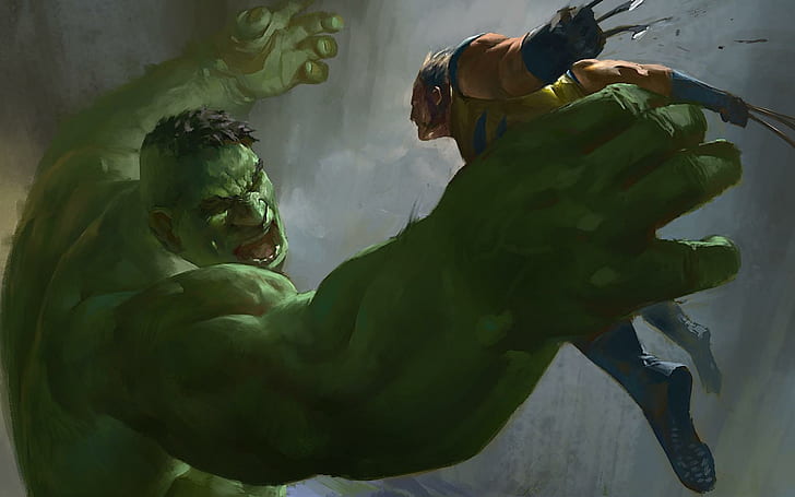 hulk, wolverine, x-men, комикси на marvel, изкуство, невероятната илюстрация на hulk и wolverine, hulk, wolverine, x-men, marvel comics, HD тапет