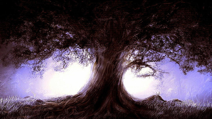 одинокое дерево, сказочная страна, сон, иллюстрация, дерево, фиолетовый, мистик, HD обои