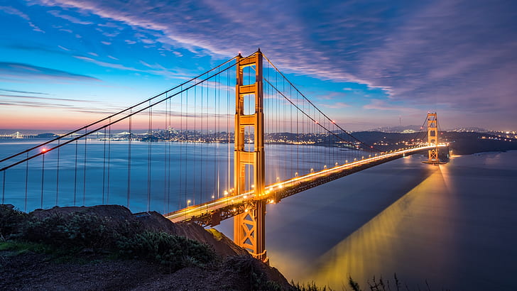 bridge, Golden Gate Bridge, San Francisco, city lights, sea, long exposure, HD wallpaper