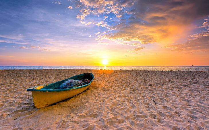 Paysage marin été plage bateau romantique coucher de soleil, Fond d'écran HD