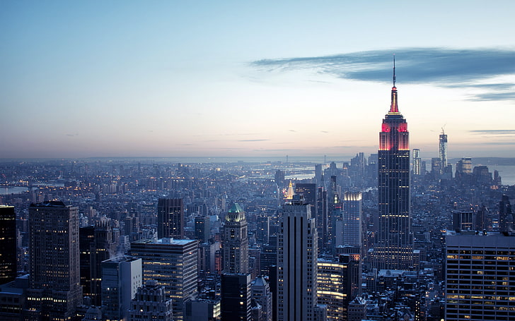 серые бетонные здания, небо, город, Нью-Йорк, Эмпайр Стейт Билдинг, городской пейзаж, небоскреб, HD обои