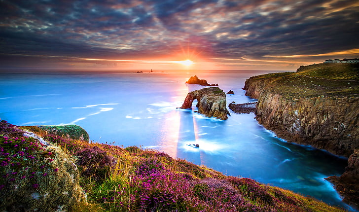 ocean and hills painting, Sunrise, Lands End, Cornwall, England, HD, 4K, HD wallpaper
