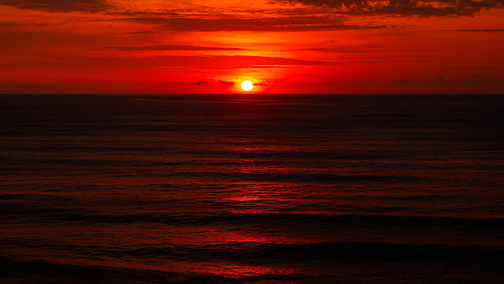 ubatuba, ocean, sunset, brazil, waves, sun, nature, water, red sky, afterglow, horizon, sky, calm, sao paulo, shore, HD wallpaper