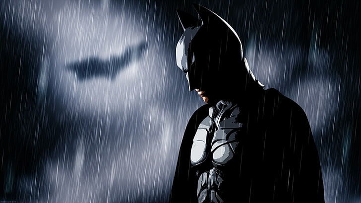 lampada da tavolo in bianco e nero, Batman, segnale di pipistrello, pioggia, MessenjahMatt, persone, film, The Dark Knight, Sfondo HD