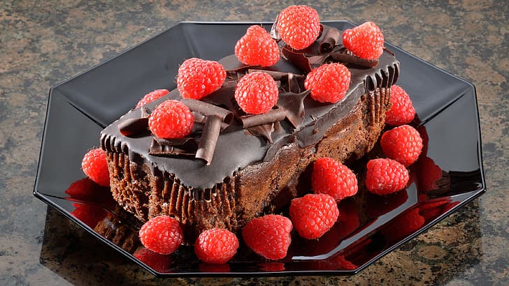 raspberries, chocolate, cake, chocolate cake, dessert, sweets, food, plates, HD wallpaper