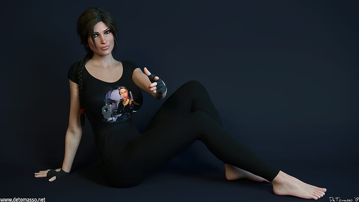 Lara Croft, women, blue background, leggings, braids, ponytail, DeTomasso, fingerless gloves, HD wallpaper
