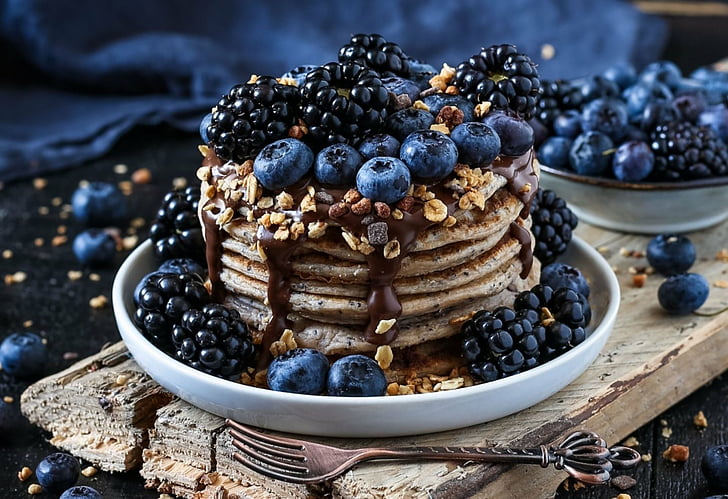 Food, Pancake, Berry, Blackberry, Blueberry, Breakfast, Fruit, HD wallpaper