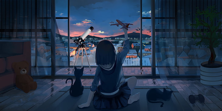 черноволосая женщина аниме иллюстрации персонажей, аниме, аниме девушки, оригинальные персонажи, короткие волосы, сидя, пейзаж, облака, небо, горы, произведения искусства, HD обои