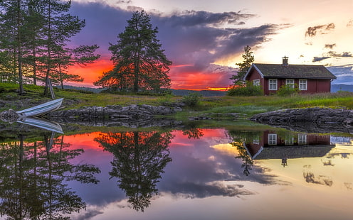Ringerike, Noruega, lago, reflejo de agua, casa, nubes, puesta de sol, Ringerike, Noruega, lago, agua, reflexión, casa, nubes, puesta de sol, Fondo de pantalla HD HD wallpaper