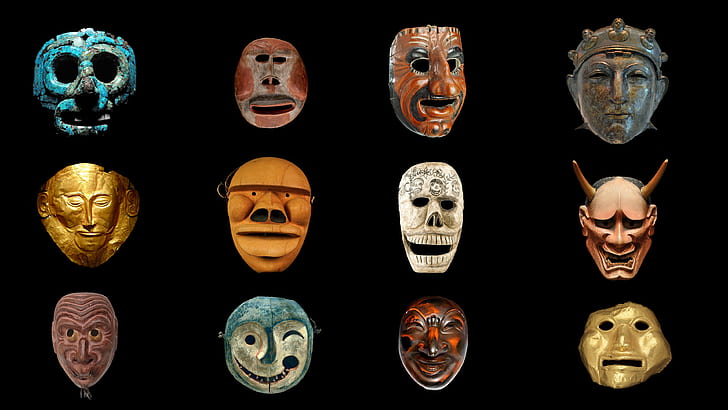 mask, historic, museum, culture, kabuki, Aztec, Roman, Japan, anthropology, Celtic, HD wallpaper