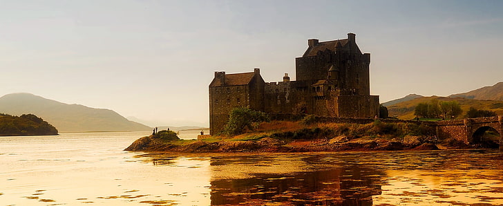 architecture, attractions, building, castle, fortress, gothic, highlands, historic, lake, landmark, landscape, medieval, military, old, outdoors, reflection, reflections, river, rock, rural, sea, sunset, HD wallpaper