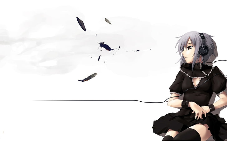 gray haired female anime wearing black headphones illustration, anime, girl, headphones, cables, background, pose, HD wallpaper