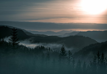 Jord, landskap, dimma, skog, berg, natur, Norge, solnedgång, HD tapet HD wallpaper