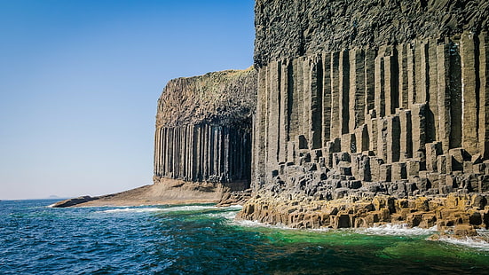 sea, Scotland, nature, landscape, coast, Staffa Island, pillar, column, rock, cliff, erosion, beach, UK, rock formation, HD wallpaper HD wallpaper