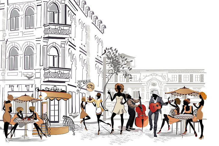 pessoas jantando perto do artista e construindo obras de arte, Paris, Meninas, Música, A cidade, Área, Rua, Cidade, Praça, Caras, HD papel de parede