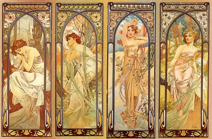 mural, kompozycja, ornament kwiatowy, nimfy, wizerunki kobiet, Alphonse Mucha, Alfons Maria Mucha, 4 dziewczyny, ilustracja w stylu secesyjnym, Tapety HD