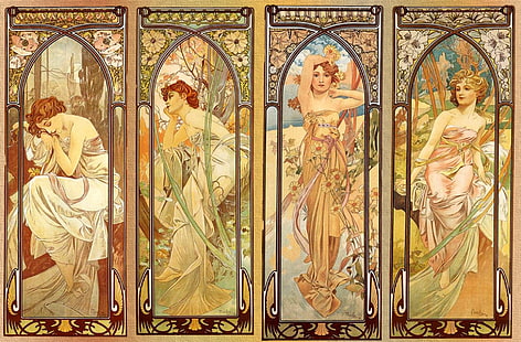 mural, komposisi, ornamen bunga, nimfa, gambar wanita, Alphonse Mucha, Alfons Maria Mucha, 4 anak perempuan, ilustrasi dalam gaya art Nouveau, Wallpaper HD HD wallpaper