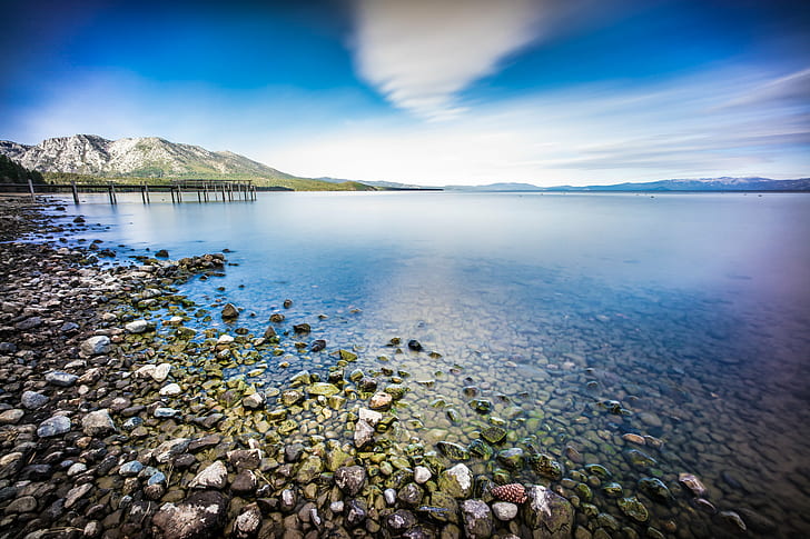 landscape photo of a beach under the blue skies, lake tahoe, california, lake tahoe, california, Lake Tahoe, California, United States, landscape, photo, beach, blue skies, mm, california, clouds, lake, long exposure, mountains, nature, photography, pier, reflection, rocks, sony a7, tahoe, travel, ultra wide angle, usa, voigtlander, South Lake Tahoe, mountain, water, sky, scenics, outdoors, blue, summer, beauty In Nature, europe, HD wallpaper