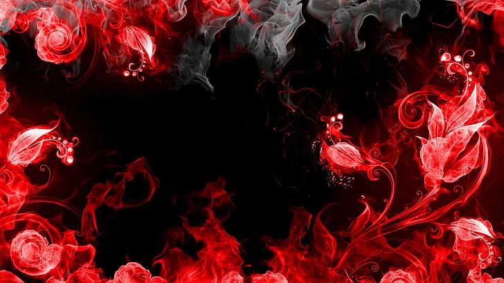 иллюстрация с красными лепестками, абстракция, красный, дым, черный, HD обои