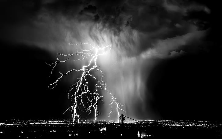 Massive Lightning, white thunder photo, monochrom, city, storm, HD wallpaper