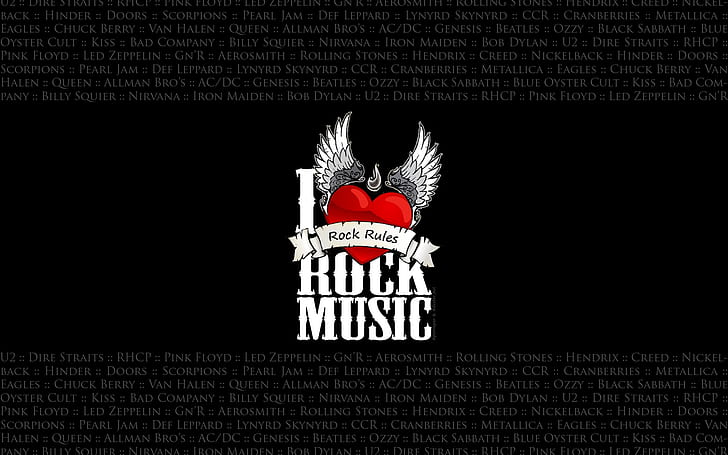 I Love Rock Music, rock, music, heart, wings, background, HD wallpaper