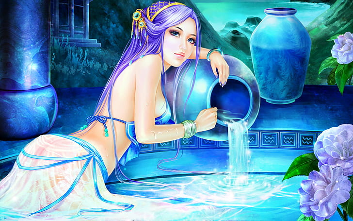 Aquarius Astrologi Zodiac Tanda-tanda Gadis Mangkuk dengan air bunga Fantasi Seni Desktop HD Wallpaper untuk Ponsel Tablet dan PC 5200 × 3250, Wallpaper HD