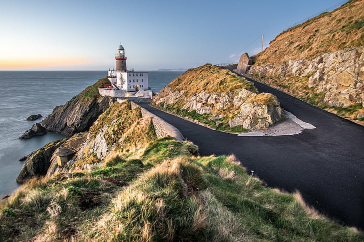 Buildings, Lighthouse, Baily lighthouse, Horizon, Ireland, Morning, Road, Rock, Sea, Sunrise, HD wallpaper
