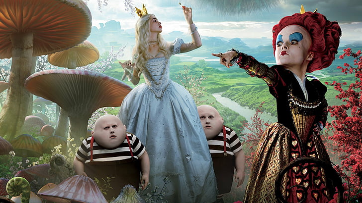 Movie, Alice in Wonderland (2010), Anne Hathaway, Cheshire Cat, Helena Bonham Carter, Queen Of Hearts, Tweedledee, Tweedledum, White Queen (Alice in Wonderland), HD wallpaper