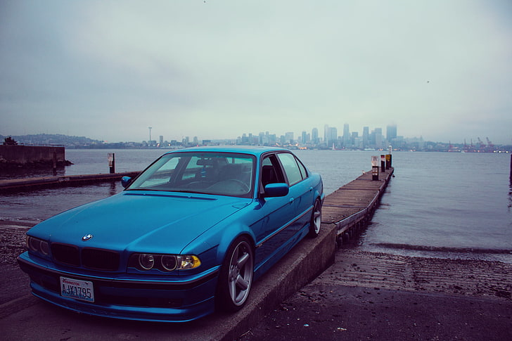 blue BMW sedan, the city, lights, tuning, BMW, promenade, e38, stance, 750il, HD wallpaper