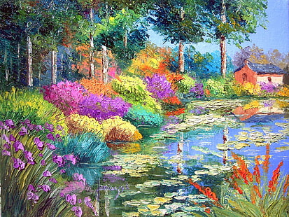 絵画の花の家の庭風景油絵池木HD、抽象、風景、木、花、家、池、油絵、 HDデスクトップの壁紙 HD wallpaper