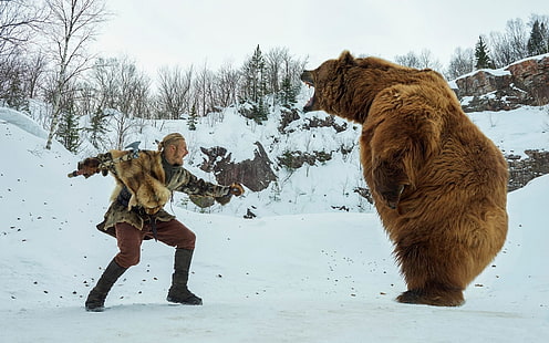 urso pardo, animais, Vikings (série de TV), machados, ursos, neve, Alexander Ludwig, Björn Ironside, HD papel de parede HD wallpaper