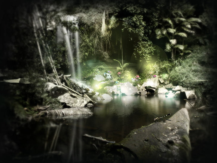 Wasserfälle Wallpaper, Natur, Landschaft, See, Blumen, Bäume, Felsen, HD-Hintergrundbild