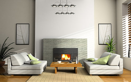 zestaw 2-osobowej sofy z białej tkaniny, papier, wazon, sofa, projekt, wnętrze, kominek, malowanie, apartament, pokój, krzesło, lampa, roślina, styl, stół, filiżanka, Tapety HD HD wallpaper