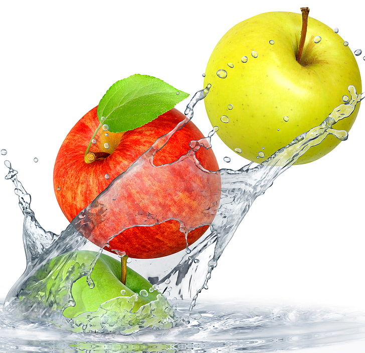 три зелени и червени ябълки, вода, шприц, ябълки, плодове, пресни, пръски, капки, HD тапет