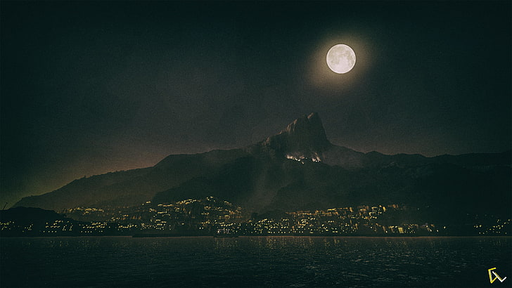 mountain and city under moonlight, dishonored 2, Dishonored, video games, screen shot, digital art, Photoshop, karnaca, HD wallpaper