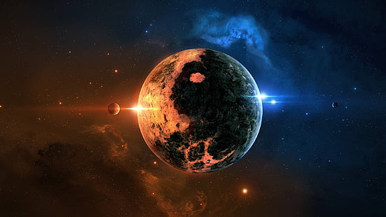 illustrazione della luna yin-yang, arte spaziale, pianeta, spazio, incandescente, Yin e Yang, stelle, arte digitale, Sfondo HD HD wallpaper