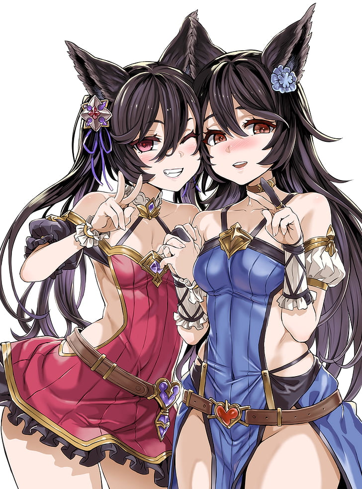 Granblue Fantasy, nier (granblue fantasy), kuurie (granblue fantasy, asanagi, women, animal ears, bangs, bare shoulders, belt, black hair, blue dress, blush, perky breasts, cheek-to-cheek, choker, detached sleeves, dress, erune, Fang, flower in hair, holding hands, long hair, looking at viewer, one eye closed, open mouth, Puffy Sleeves, red dress, red eyes, short sleeves, simple background, sisters, sleeveless, Smile, teeth, twintails, white background, HD wallpaper