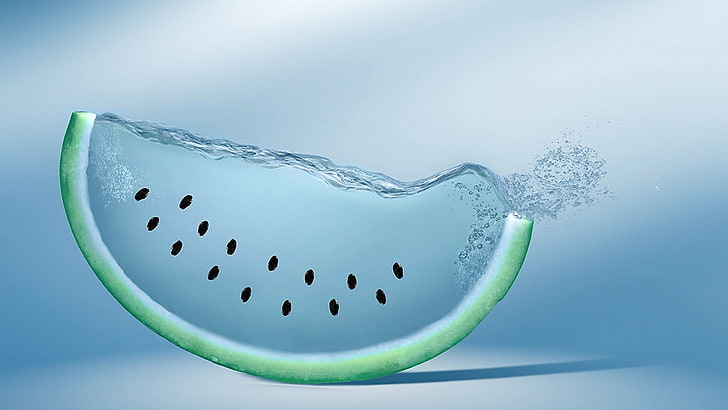 watermelon illustration, creativity, watermelons, artwork, digital art, water, fruit, blue, light blue, splashes, HD wallpaper
