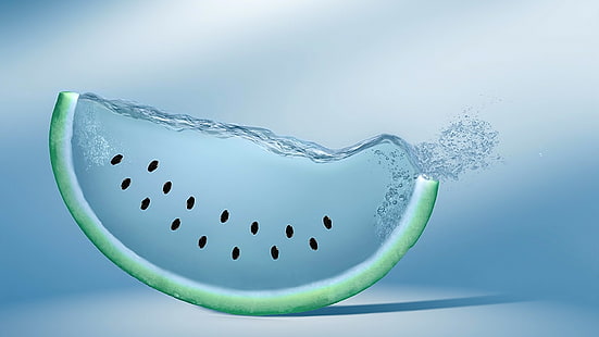 watermelon illustration, creativity, watermelons, artwork, digital art, water, fruit, blue, light blue, splashes, HD wallpaper HD wallpaper