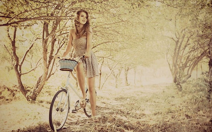 Mood Girl Bicycle, дамска сива рокля без ръкави, настроение, момиче, велосипед, HD тапет