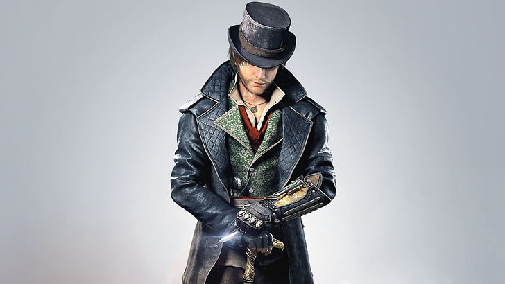 เสื้อหนังสีดำผู้ชายและหมวกทรงสูงสีดำหมวกเสื้อคลุมซินดิเคตเหรียญอุปกรณ์ Ubisoft Quebec Cane Blade Assassin's Creed: Syndicate Jacob Fry, วอลล์เปเปอร์ HD