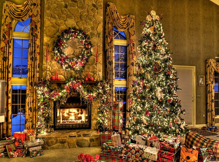 tree, christmas, presents, fireplace, wreath, home, comfort, christmas decor lot, tree, christmas, presents, fireplace, wreath, home, comfort, HD wallpaper