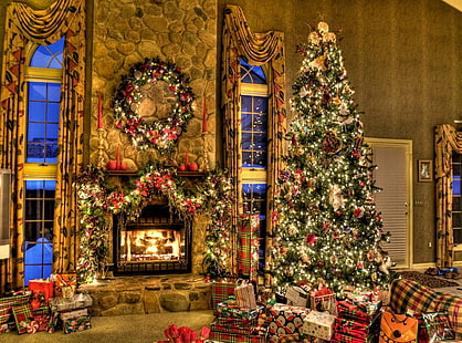 drzewo, Boże Narodzenie, prezenty, kominek, wieniec, dom, komfort, dużo dekoracji świątecznych, drzewo, Boże Narodzenie, prezenty, kominek, wieniec, dom, komfort, Tapety HD HD wallpaper